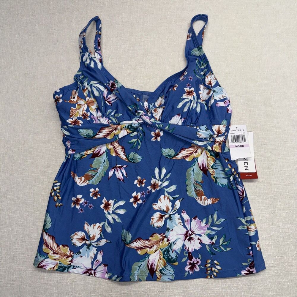 NWT SIZE 34 D/DD JANTZEN TANKINI  BLUE FLORAL, UNDERWIRE BRA,ADJ STRPS RET$84.00
